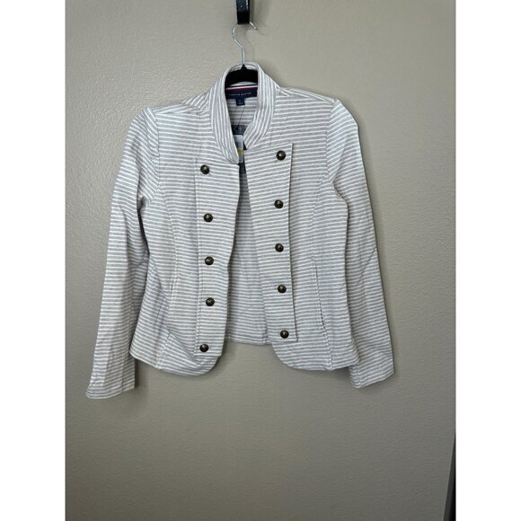 NWT Tommy Hilfiger Gray Blazer Medium striped collared cotton long sleeve - Picture 1 of 7